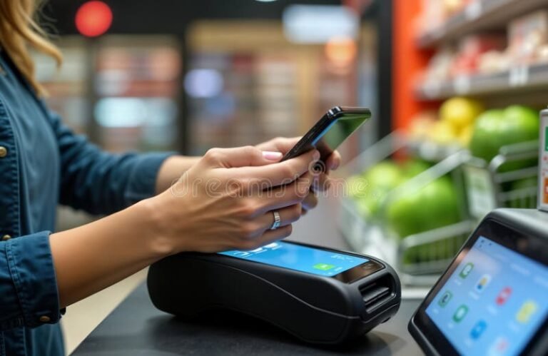 henkilo maksamassa mobiililaitteella kassalla