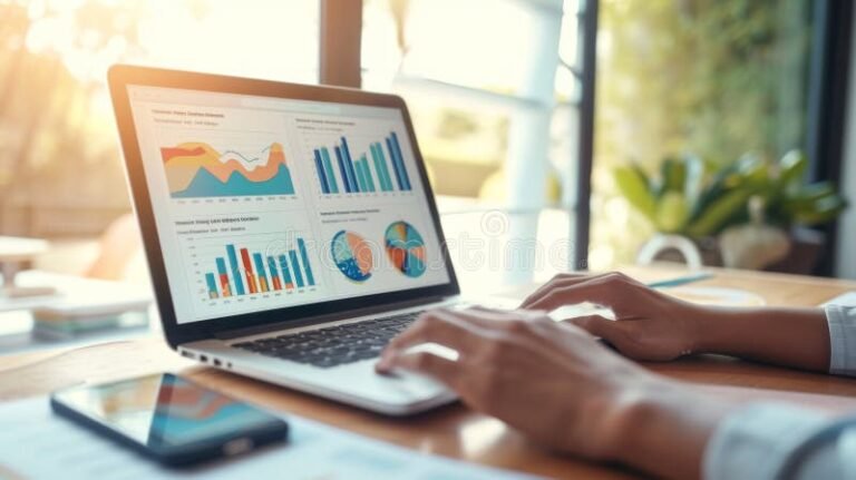 henkilo tyoskentelee tietokoneen aaressa analytiikkakaavioiden kanssa