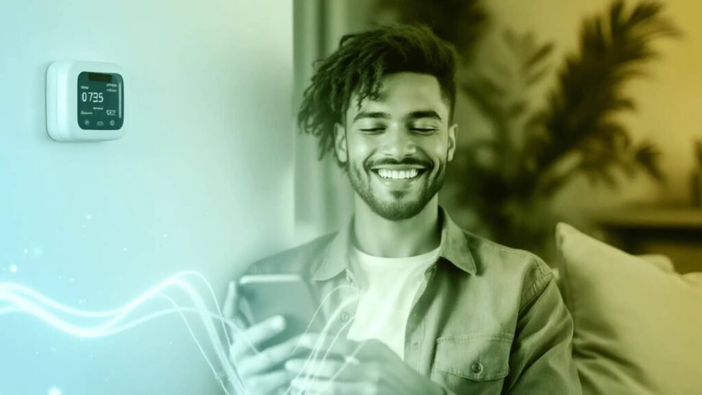 hymyileva henkilo irrottaa sahkomittarin