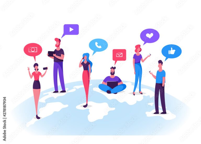 ihmiset keskustelemassa sosiaalisen median kuvakkeiden ymparilla