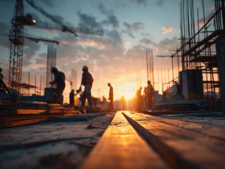 moderni infrastruktuuri rakennustyomaalla auringonlaskussa