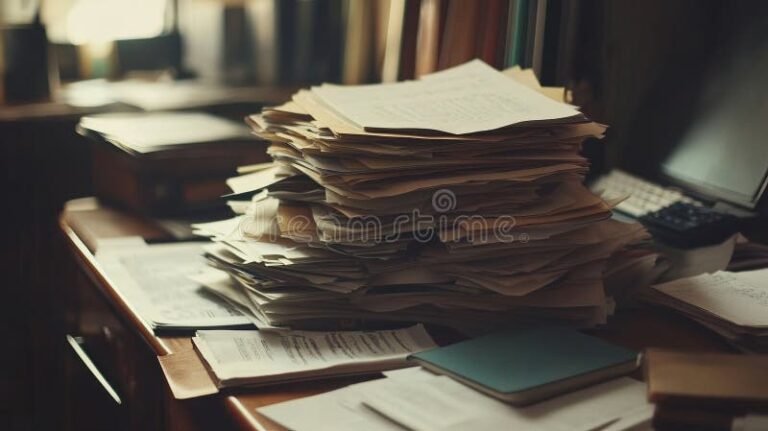 paperipinot ja laskut jarjestettyina poydalle