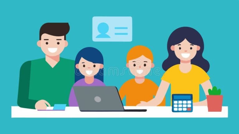 perhe kokoontuneena neuvomaan talouspapereita