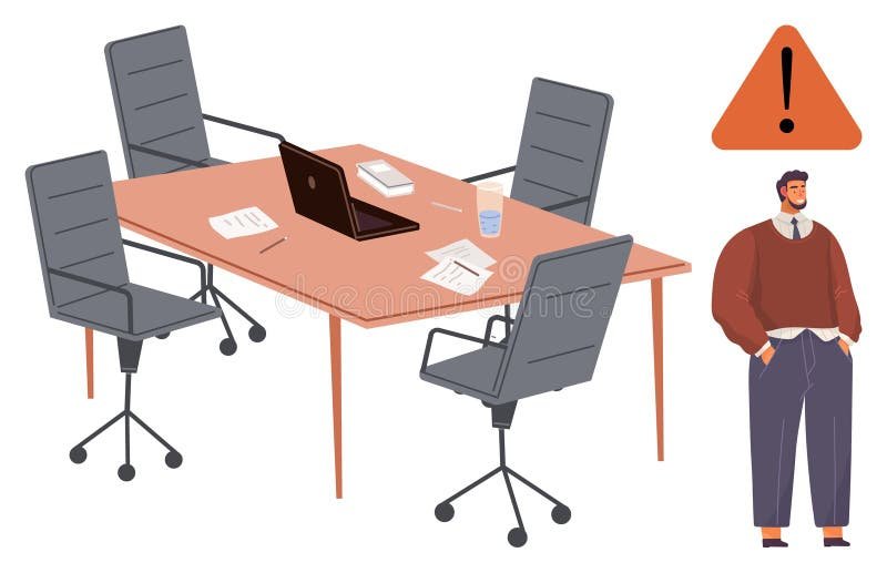 tyhja tyopoyta ja varoituskyltti