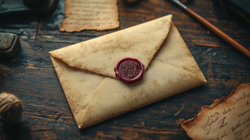 vanha kirjekuori ja sinetti poydalla